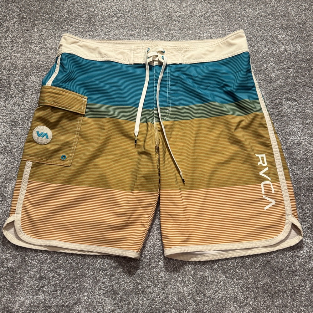 RVCA Board Shorts Mens 38 Multi Color Stripe Performance Stretch Surf Trunks